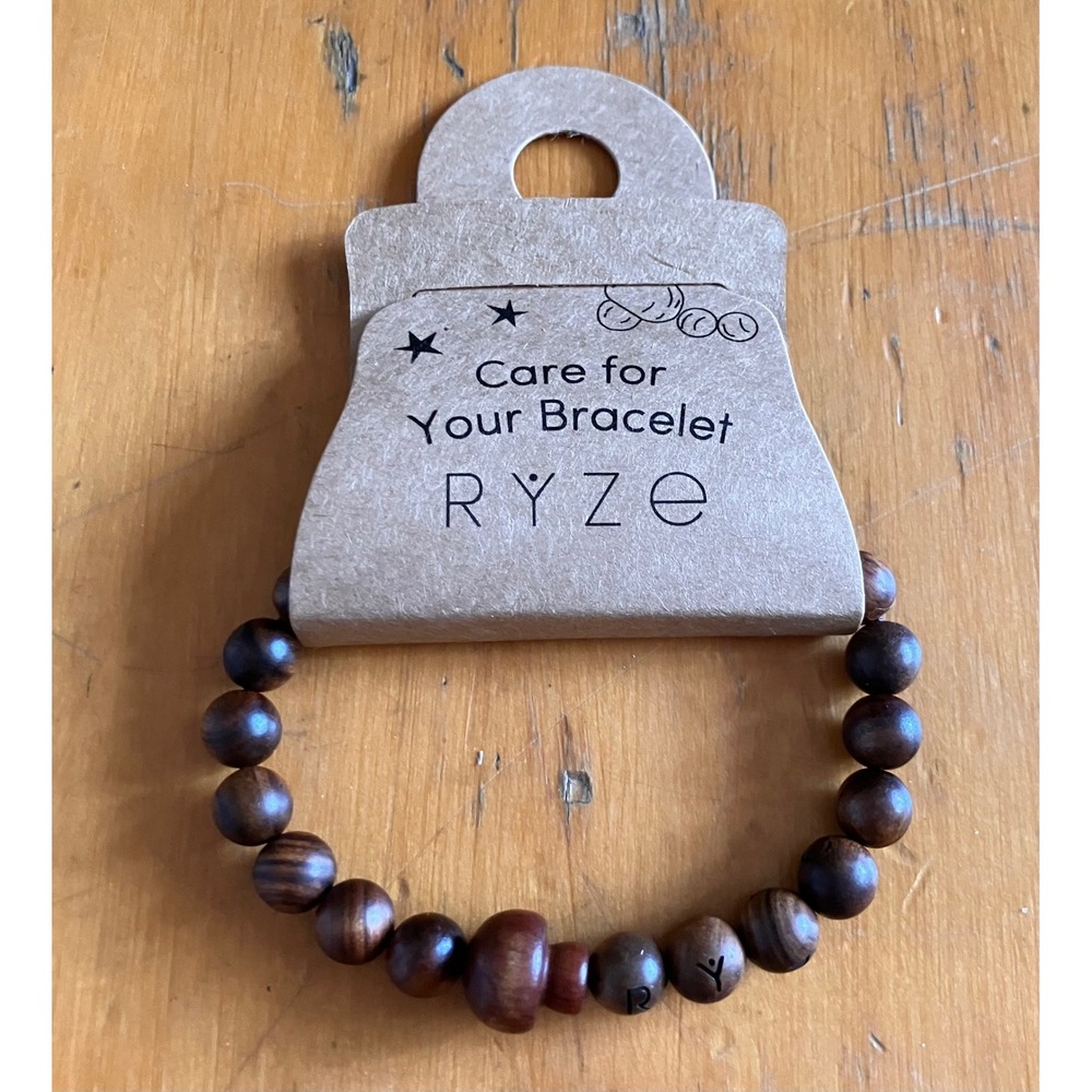 Ryze Beaded Bracelet Brown Wood Mushroom Engraved RY Stretch